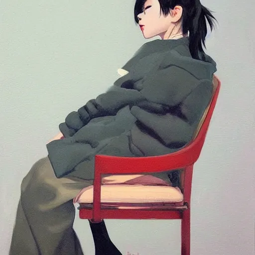 Image similar to oil painting by ilya kuvshinov, conrad roset, coby whitmore, of a youthful japanese beauty sitting on antique chair leaning against a desk, sideview, victorian room