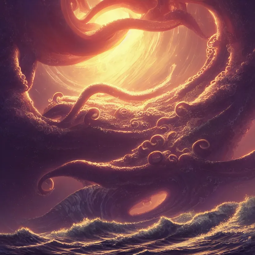 Image similar to treasure planet, giant octopus monster in a stormy sea with huge waves, huge tentacles, clouds, stars, rings, beautiful lighting, vivid colors, intricate, elegant, smooth, concept art, cinematic, unreal engine, wallpaper, by syd mead, terada katsuya, atey ghailan, svetlin velinov, makoto shinkai art style