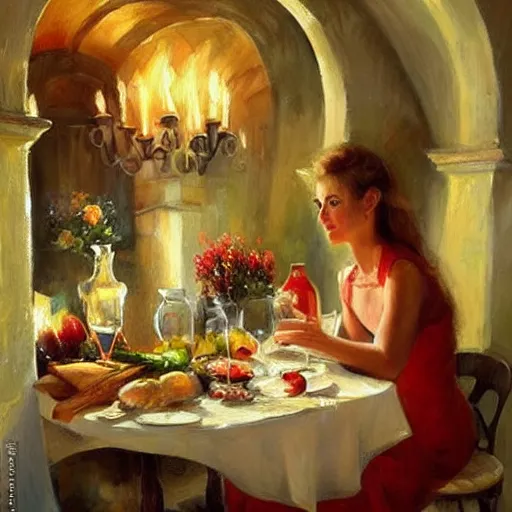 Image similar to wine cellar full of food, torches on the wall, schnapps, romantic, inviting, cozy, blonde woman, painting Vladimir Volegov