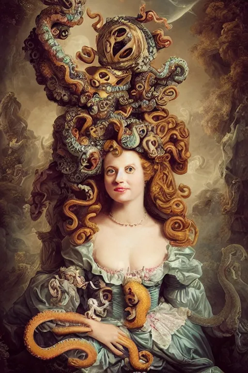 Prompt: a spectacular wideangle shot of a dreaming scary rococo queen with a octopus head, award winning photography