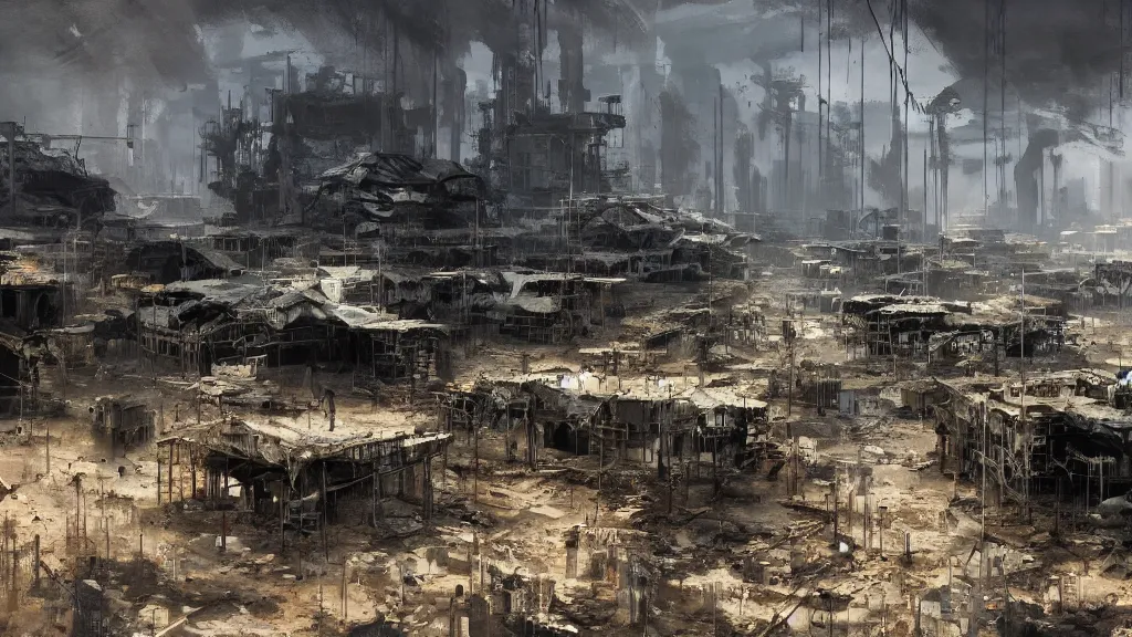 Image similar to post - apocalyspe settlement with houses, hydroponic farms, painted by tsutomu nihei, painted by craig mullins, painted by greg rutkowski