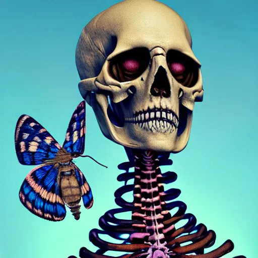 Image similar to a portrait of a skelton with moth wings, highly detailed, digital photo, hdri, by christopher bretz and john carpenter, vivid colors, high contrast, 8 k resolution, intricate, photorealistic, smooth, psychedelic color scheme, concept art, award winning, cg society contest winner