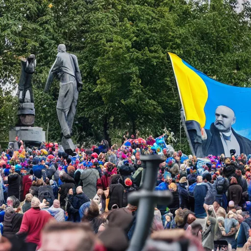 Image similar to a crowd of people with ukrainian flags destroy a statue of vladimir lenin, leica sl 2 5 0 mm, dslr, vivid color, high quality, high textured, real life