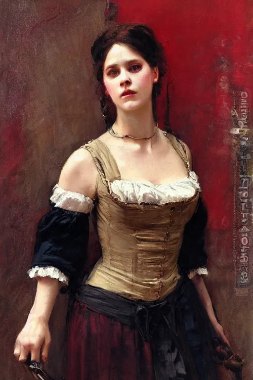 Image similar to Solomon Joseph Solomon and Richard Schmid and Jeremy Lipking victorian genre painting full length portrait painting of a young beautiful woman traditional german french barmaid pirate wench in fantasy costume, red background