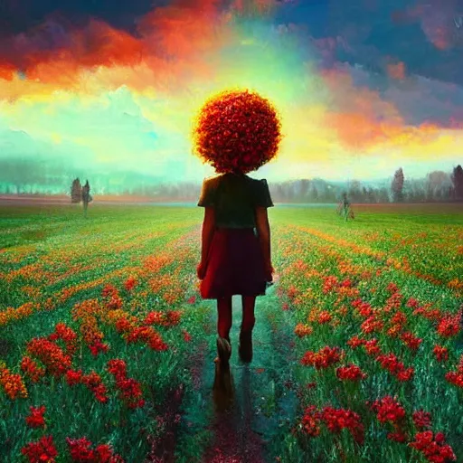 Image similar to giant flower as a head, girl walking in flower field, surreal photography, sunrise, dramatic light, impressionist painting, colorful clouds, digital painting, artstation, simon stalenhag