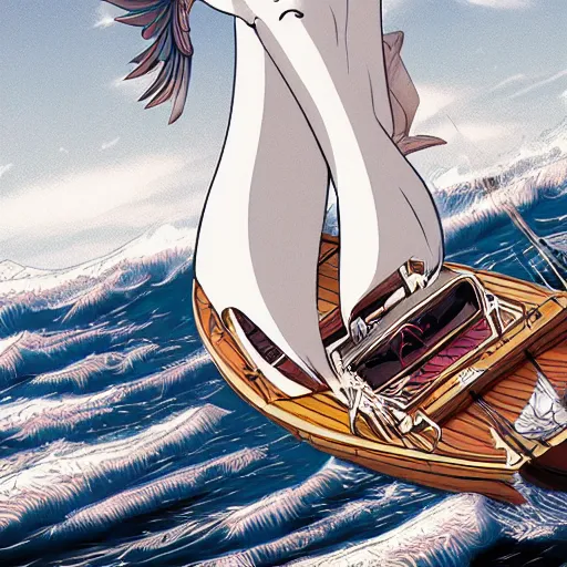 Image similar to an ancient white dragon emerges from a sailing boat, very detailed, prophet graphic novel, ilya kuvshinov, mcbess, rutkowski, simon roy wide shot, colorful, deep shadows,