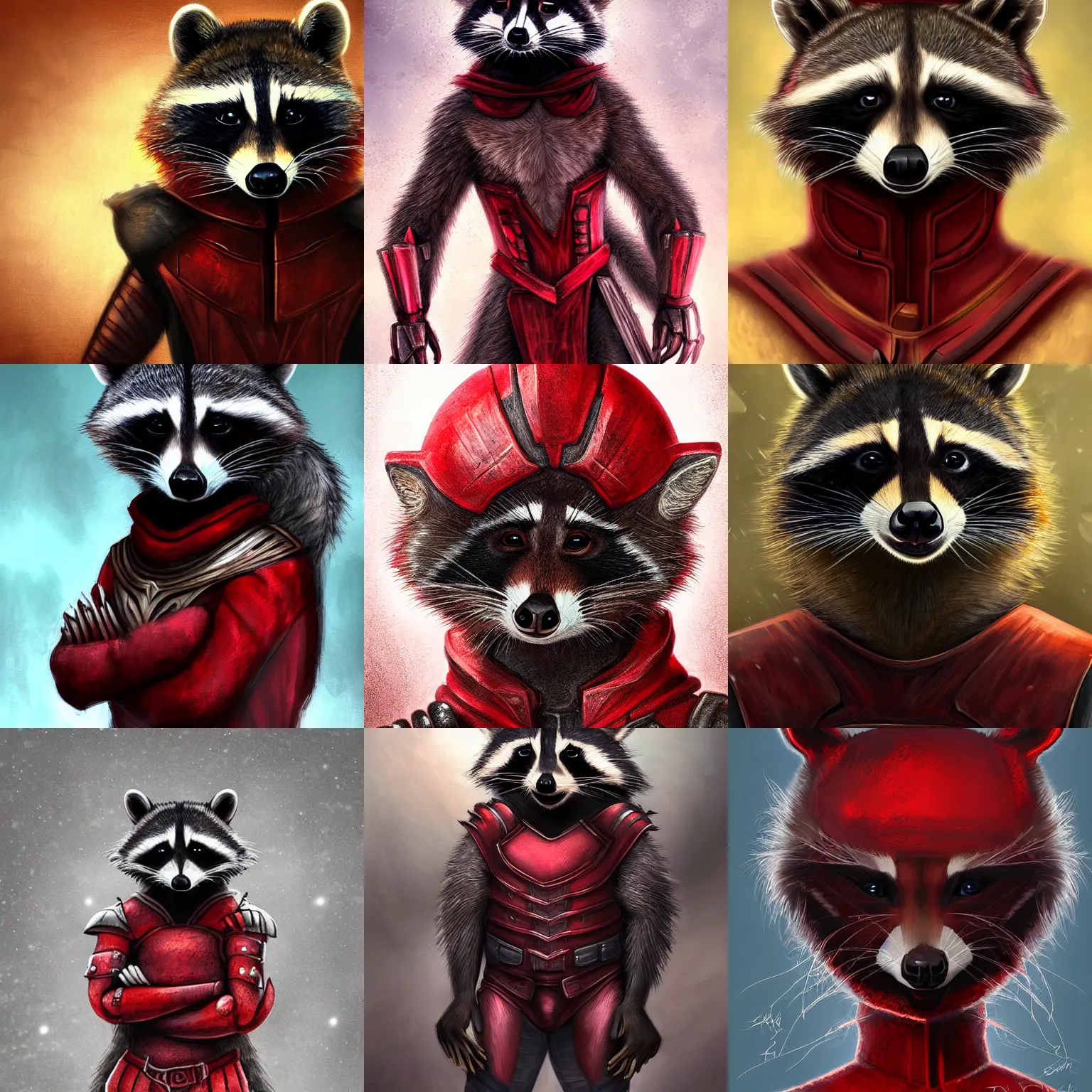 Prompt: Portrait of a raccoon humanoid in heavy armor with red clothing. Dark fantasy, digital art, HD, detailed.