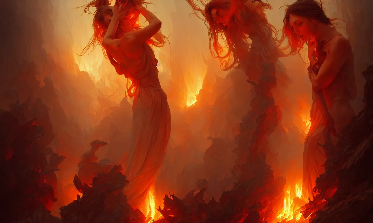 Image similar to Purgatory, fire in hell, highly detailed, digital painting, artstation, concept art, smooth, sharp focus, illustration, art by artgerm and greg rutkowski and alphonse mucha