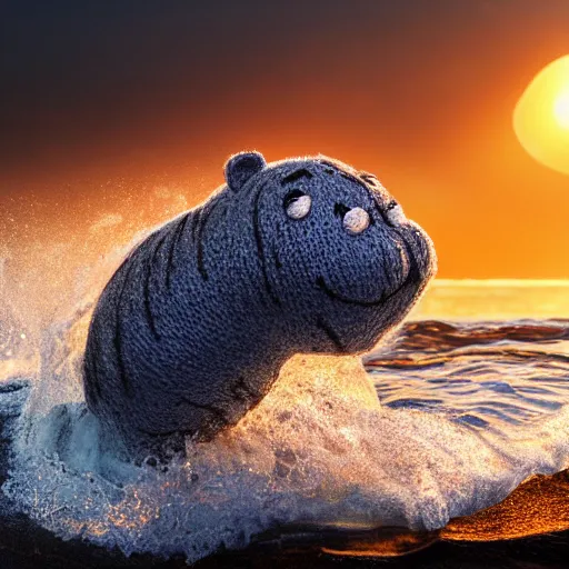 Image similar to a closeup photorealistic photograph of a smiling cute knitted tiger hippopotamus plush toy riding a large wave during sunset. surf in the background. professional capture. brightly lit scene. this 4 k hd image is trending on artstation, featured on behance, well - rendered, extra crisp, features intricate detail, epic composition and the style of unreal engine.