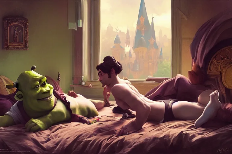 Image similar to pushkin and shrek lying in bed together, portrait, highly detailed, digital painting, artstation, concept art, smooth, sharp focus, illustration, cinematic lighting, art by artgerm and greg rutkowski and alphonse mucha