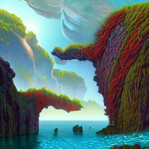 Image similar to digital painting of a lush natural scene on an alien planet by gerald brom. digital render. detailed. beautiful landscape. colourful weird vegetation. cliffs and water.