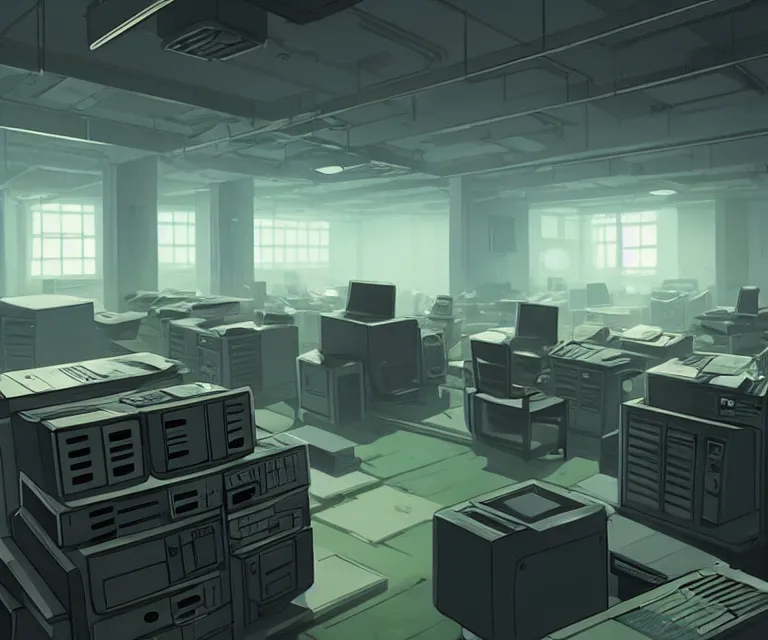 Image similar to an interior room with old pc computers stacked on the walls and desks, makoto shinkai, dusty