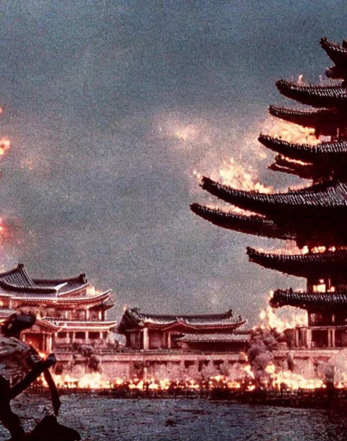 Image similar to a filmstill of a north korean monster movie, kaiju - eiga monster starfish - like trampling a traditional korean palace, foggy, film noir, epic battle, etheral, explosions, thriller, by akira kurosawa and wes anderson video compression