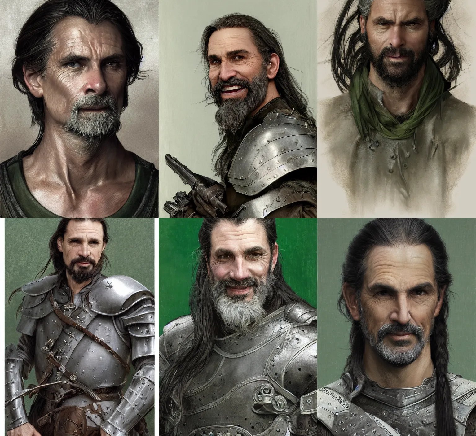Prompt: medium-length portrait of a male hunter with long dark gray hair in a ponytail, a scraggly goatee, white skin, gray eyes, grinning, intricate gray-green leather armor, medieval setting, highly detailed, digital painting, artstation, concept art, sharp focus, illustration, art by greg rutkowski + alphonse mucha + greg rutkowski