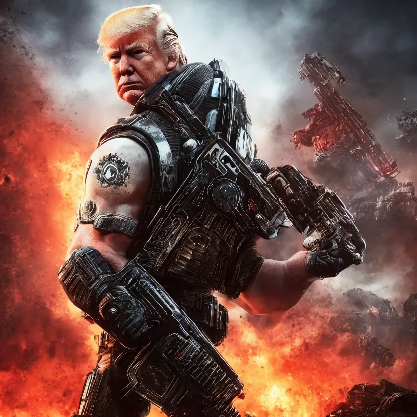 Image similar to Portrait of Donald Trump as the punisher in Gears of War, splash art, movie still, cinematic lighting, dramatic, octane render, long lens, shallow depth of field, bokeh, anamorphic lens flare, 8k, hyper detailed, 35mm film grain