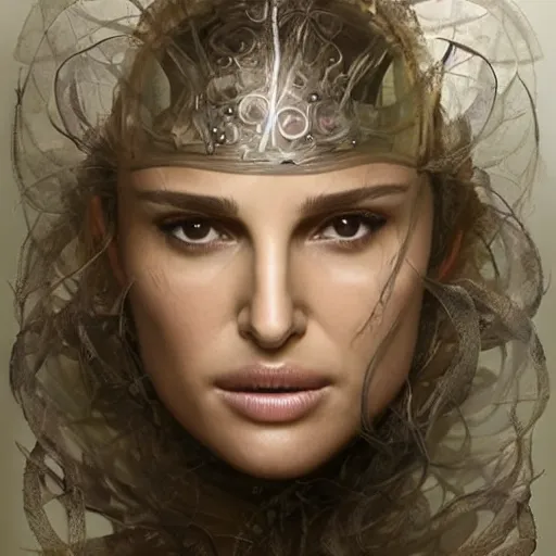 Prompt: “Natalie Portman highly detailed portrait, organic cyborg, raku, diffuse lighting, fantasy, intricate, elegant, highly detailed, lifelike, photorealistic, digital painting, artstation, illustration, concept art, smooth, sharp focus, art by John Collier and Albert Aublet and Krenz Cushart and Artem Demura and Alphonse Mucha”