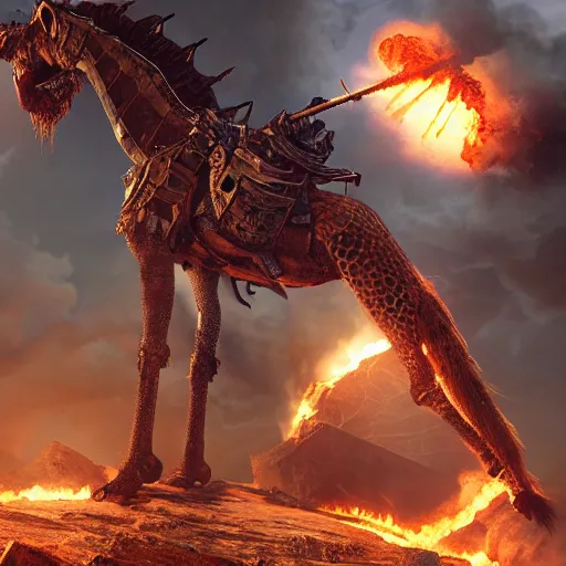 Image similar to a giant fire breathing giraffe wearing intricate battle armor attacking a village, dramatic lighting, highly detailed, photorealistic, cinematic, octane render