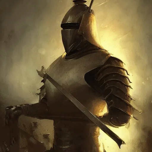 Image similar to a knight with a big spoon and a big fork in hands by greg rutkowski