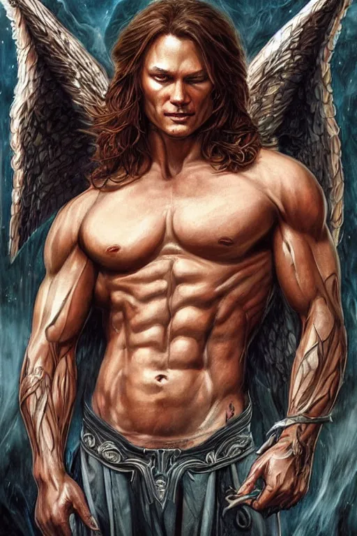 Image similar to muscular Sam Winchester as an angel with religious tattoos on chest and neck, with glowing runes on the body, dark fantasy book cover style, D&D dark fantasy style, sharp focus, ultra detailed, art by Artgerm and Peter Andrew Jones, Karol Bak, Ayami Kojima, Amano and Olivier Ledroit