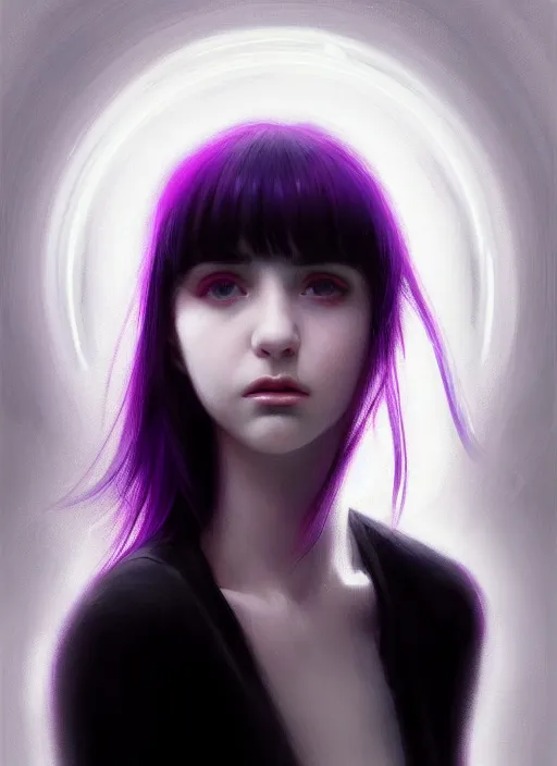 Image similar to portrait of teenage girl, red irises, bangs, black and white hair, white bangs, purple clothes, white bangs, bangs, black hair and white bangs, intricate, elegant, glowing lights, highly detailed, digital painting, artstation, concept art, smooth, sharp focus, illustration, art by wlop, mars ravelo and greg rutkowski