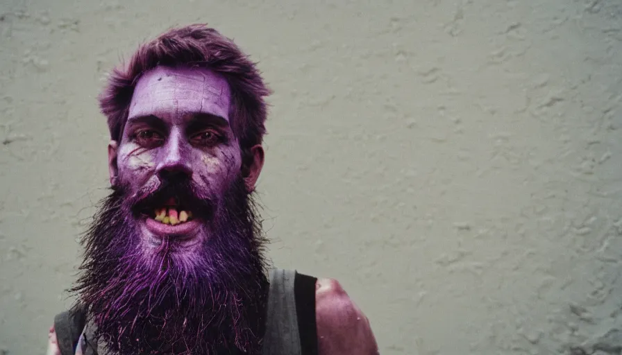 Prompt: far view, extremely skinny malnourished purple thanos with long beard, wearing dirty overalls, dirty greasy face, grin, portrait, close up, kodak gold 2 0 0, 5 0 mm,