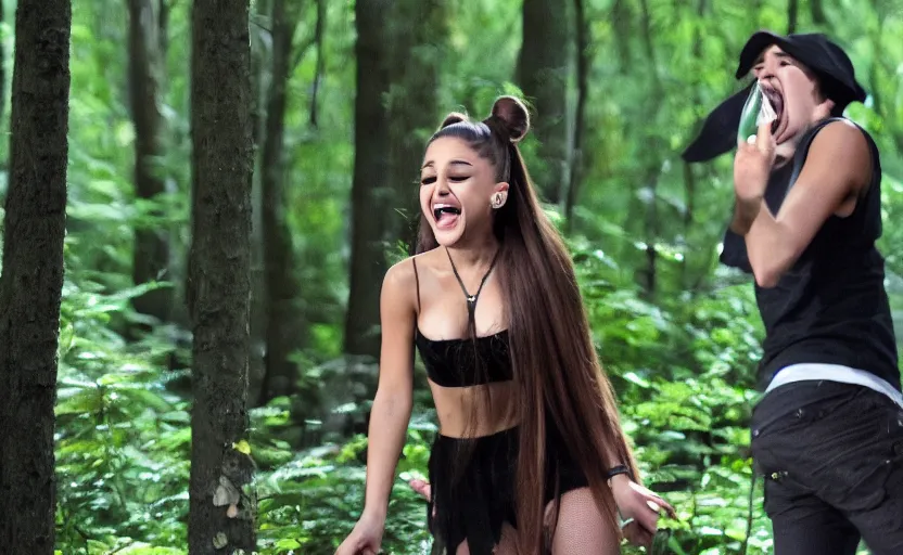 Image similar to ariana grande maniacally laughing in a dark forest