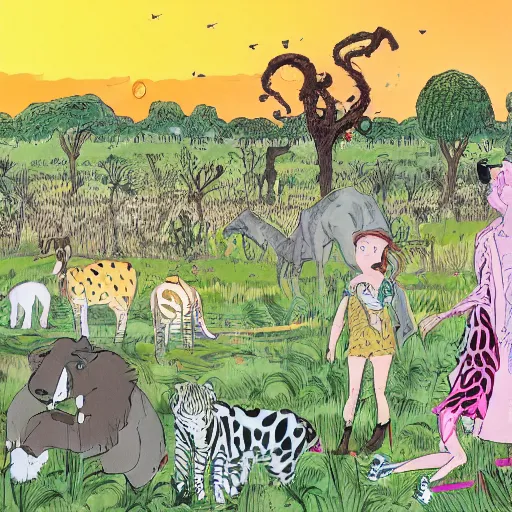 Image similar to quentin blake, james jean illustration of a safari at sunset