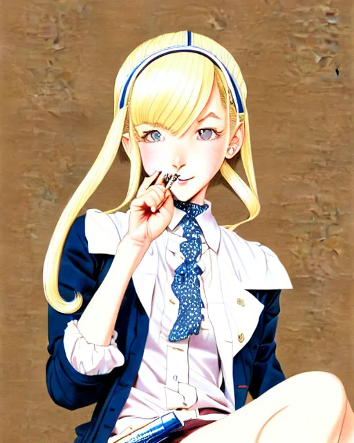 Image similar to illustration depicting a wealthy young mischievous female prep school student with medium length bright blonde hair and pale skin, in an old study room smoking her dad's cigarettes, complex artistic color ink pen sketch illustration, subtle detailing, illustrated by Artgerm and Range Murata.