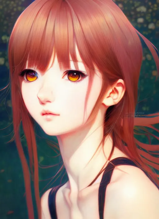 Image similar to portrait of beautiful young anime girl, cute-fine-face, pretty face, realistic shaded Perfect face, fine details. Anime, final fantasy, highly detailed, artstation, illustration, art by Ilya Kuvshinov and Gustav Klimt
