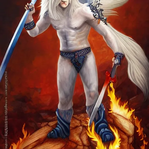 Image similar to Lionman with white hair walking away from a burning city, full body art, wielding a longsword with blue gemstones lining the blade, Painted By Anne Stokes, Dim Lighting