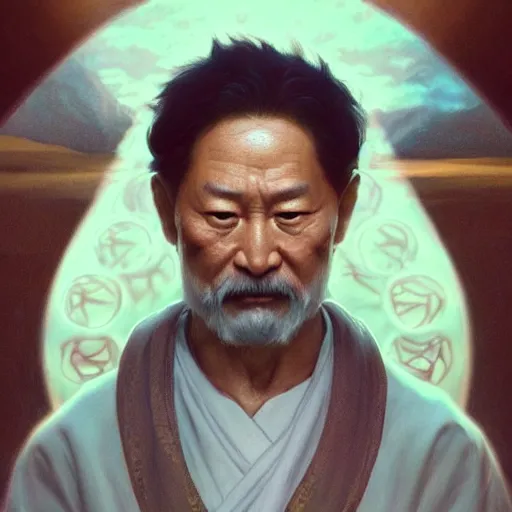 Prompt: mr miyagi is god, portrait, intricate, detailed, volumetric lighting, scenery, digital painting, highly detailed, artstation, sharp focus, illustration, artstation, art by artgerm and greg rutkowski and alphonse mucha