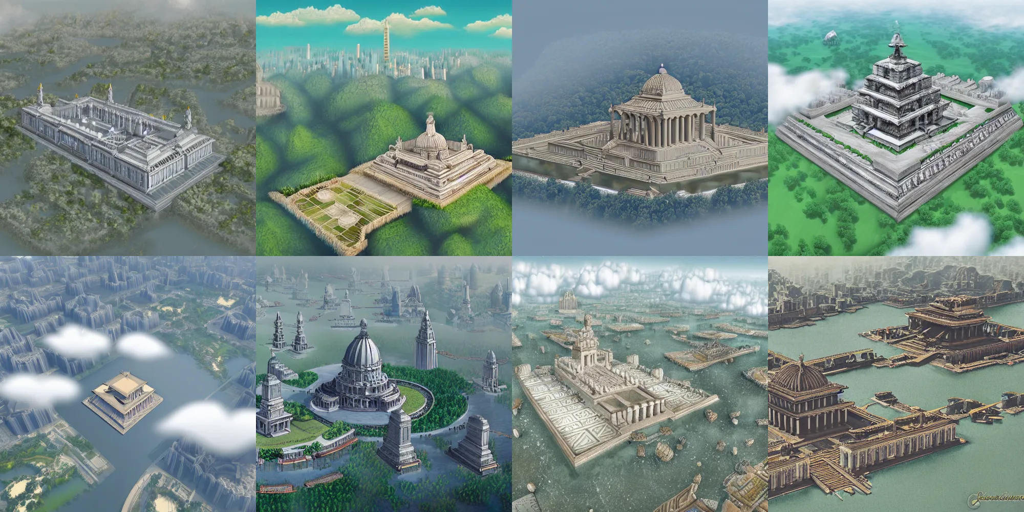 Prompt: Olympian Temples floating on clouds. Bird's eye view. Detailed, realistic, digital rendering.