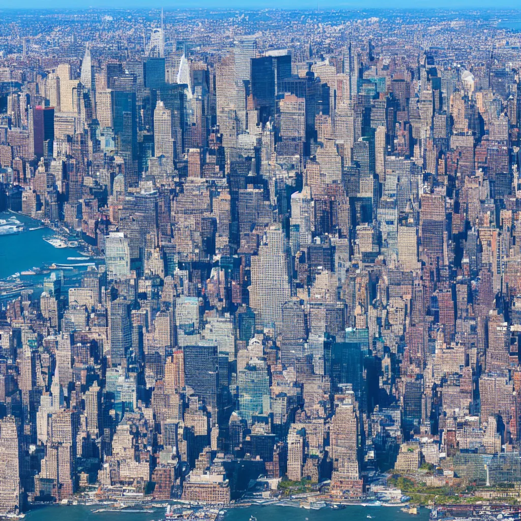 Image similar to drone shot of a coastal city skyline new york 8k resolution, blue sky, high quality lens flare