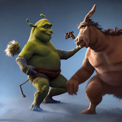 Image similar to shrek fighting an evil donkey, dynamic, action pose, digital painting, WLOP, trending on artstation, 8k, epic composition, highly detailed, sharp focus