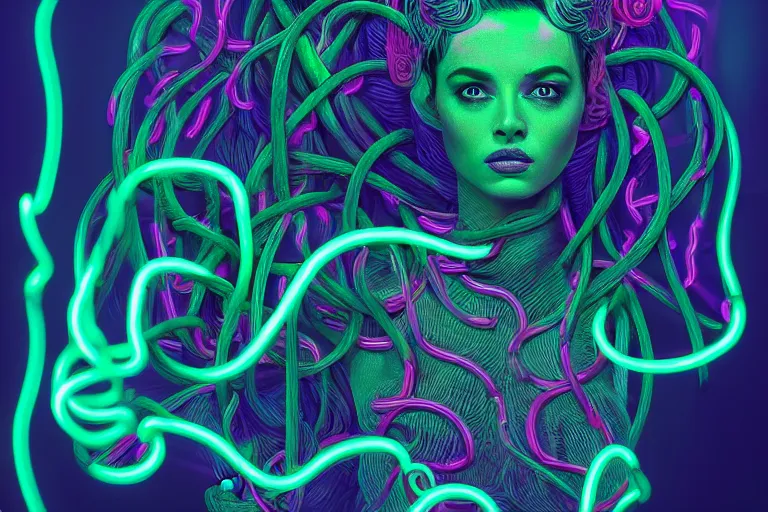 Image similar to photo of surreal medusa gorgo in neon lighting, elegant, highly detailed, smooth, sharp focus, trippy, dmt, psychedelic, illustration, beautiful, geometric, trending on artstation, cinematic, artwork by WLOP