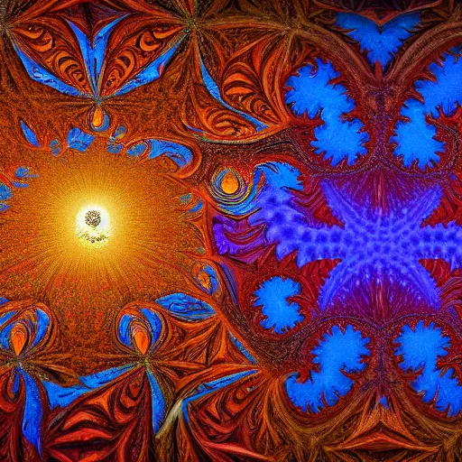 Image similar to a beautiful 3 d painting of a sprawling intricate fractal populated by mandelbrot fractals by android jones and mandelbrot, volumetric lighting, dynamic lighting, dramatic lighting, high contrast, concept art, carved marble, sacred geometry, religious, magic realism, catholicpunk, stark, trending on artstation