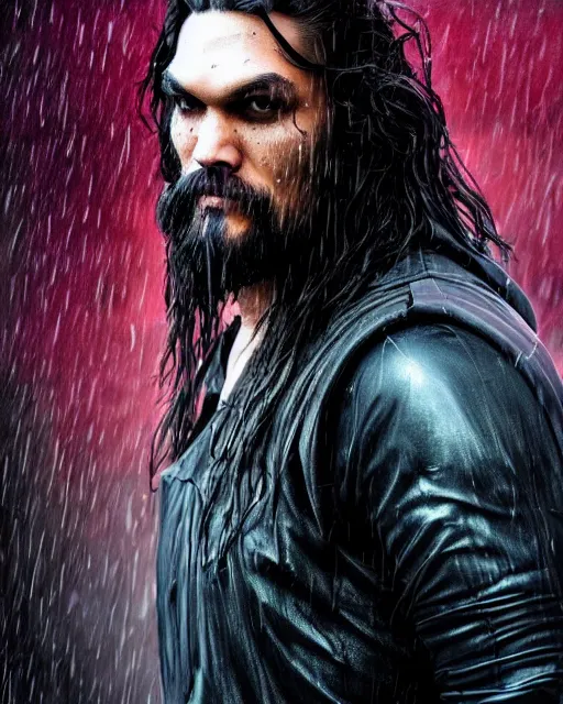 Image similar to An epic fantasy comic book style portrait painting of a very imposing Industrial goth Jason Momoa in the rain, wet hair, neon reflections, character design by Mark Ryden and Pixar and Hayao Miyazaki, unreal 5, DAZ, hyperrealistic, octane render, cosplay, RPG portrait, dynamic lighting, intricate detail, cinematic