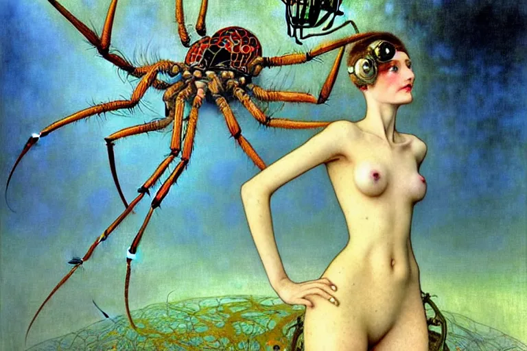 Prompt: realistic extremely detailed portrait painting of a fully dressed woman with a giant spider, futuristic sci-fi landscape on background by John Bauer, Amano, Yves Tanguy, Alphonse Mucha, Ernst Haeckel, Edward Robert Hughes, Roger Dean, rich moody colours, blue eyes