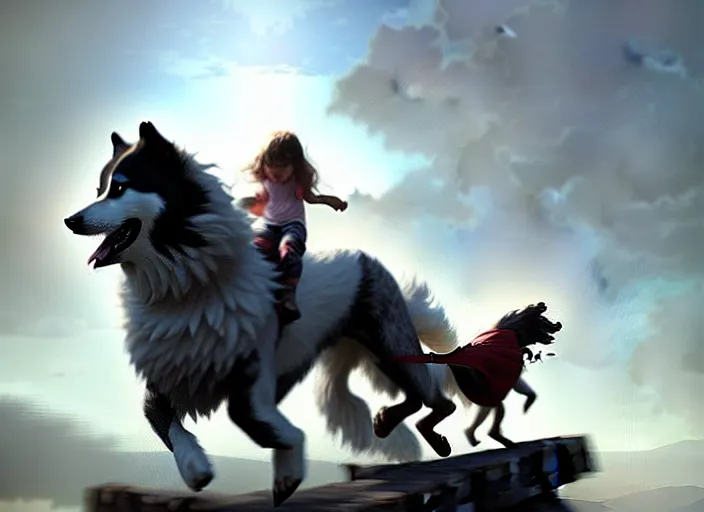 Prompt: comic book cover. heroic giant samoyed dog being ridden by a small young girl by greg rutkowski, trending on artstation