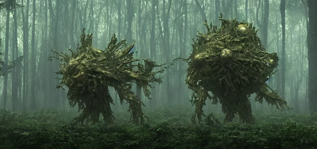 Prompt: a complex organic fractal 3 d metallic symbiotic ceramic humanoid megastructure creature in a swampy lush forest, foggy, cinematic shot, photo still from movie by denis villeneuve, wayne barlowe, sun rays, golden hour