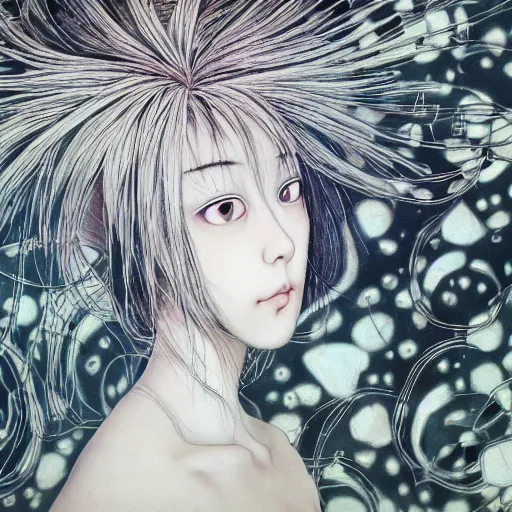 Image similar to yoshitaka amano blurred and dreamy realistic portrait of a woman with black eyes and white hair wearing dress suit with tie, junji ito abstract patterns in the background, satoshi kon anime, noisy film grain effect, highly detailed, renaissance oil painting, weird portrait angle, blurred lost edges, three quarter view