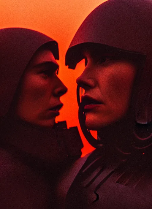 Image similar to cinestill 5 0 d photographic portrait of two loving female androids wearing rugged black techwear on a desolate plain with a red sky in front of a brutalist structure, extreme closeup, cyberpunk style, dust storm, 8 k, hd, high resolution, 3 5 mm, f / 3 2, ultra realistic faces, ex machina