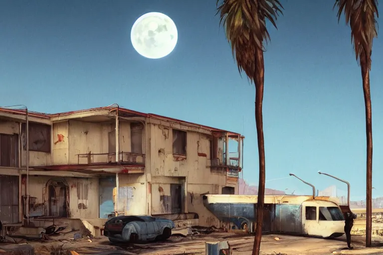 Prompt: broken robot | abandoned motel | palm trees | snowy mountains | moon in sky, painting by syd mead and weta studio and greg rutkowski and james jean and frank frazetta, gta san - andreas game screenshot, highly detailed, rule of third, soft lighting, architectural magazine, insanely intricate details, artstation trending, hypermaximalistic, high details, cinematic