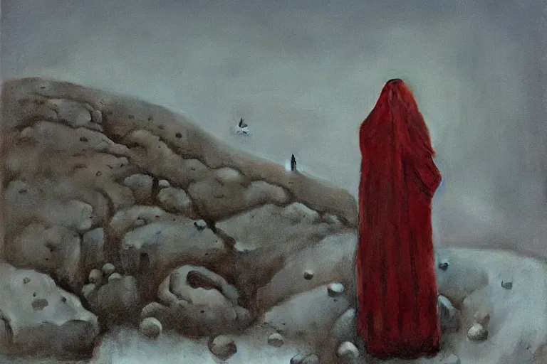 Image similar to a surrealist painting of a lonely woman with pale skin and red hair, standing over pile of bodies in post apocalyptic snowy landscape, painted by zdzisław beksinski