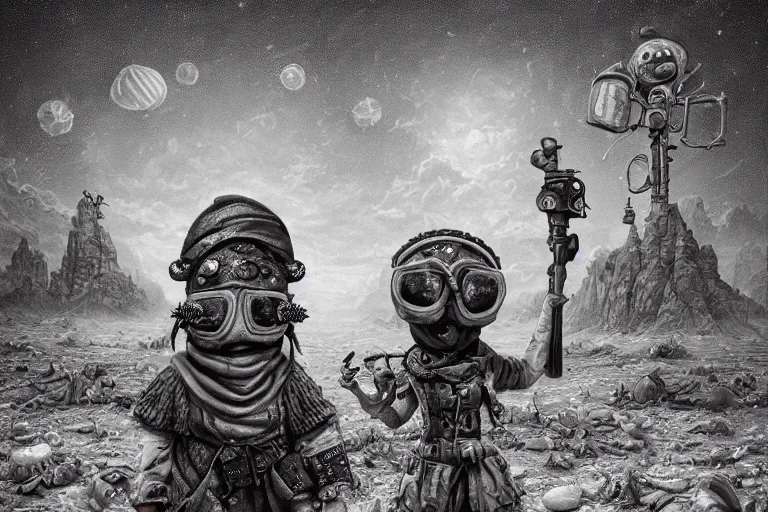 Image similar to a highly detailed forgotten garden gnome wearing goggles and head scarf surviving in a vast barren desert, hopeless wasteland background with a relentless raging sun overhead, post - apocalyptic road warrior vibe, dynamic pose, an ultrafine detailed painting by joe fenton, trending on deviantart, pop surrealism, whimsical, lowbrow, perfect symmetrical face, sharp focus, octane, masterpiece