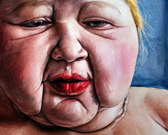 Image similar to an innocent and beautiful scene in hyper realistic style, watercolor and pen oily drawing on wood, of a fat old woman is painting a huge baby's head on the wall, lighting from the barred window. shadows. 4 k. wide angle. wild mood. red mouth, blue eyes. deep focus, lovely scene. ambient occlusion render. unreal engine.