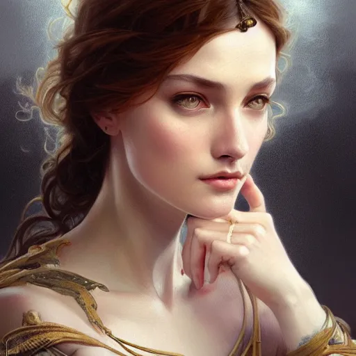 Image similar to beautiful young zuzanna bijoch, closeup, d & d, fantasy, intricate, elegant, highly detailed, digital painting, artstation, concept art, matte, sharp focus, illustration, art by artgerm and greg rutkowski and alphonse mucha