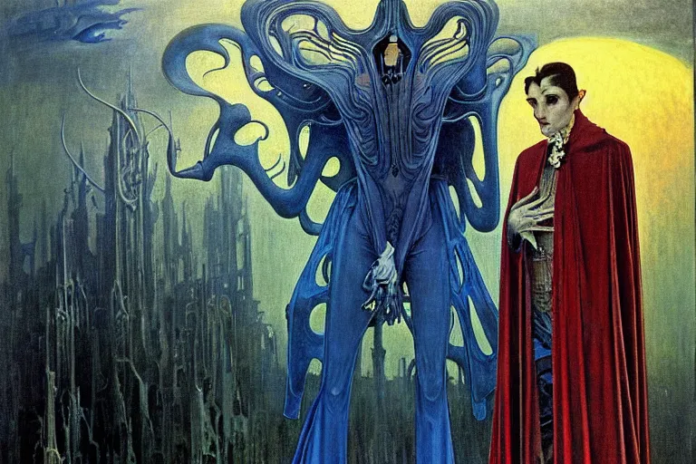 Image similar to realistic extremely detailed portrait painting of an elegantly creepy vampire man in a cape, futuristic sci-fi castle on background by Jean Delville, Amano, Yves Tanguy, Alphonse Mucha, Ernst Haeckel, Edward Robert Hughes, Roger Dean, rich moody colours, blue eyes