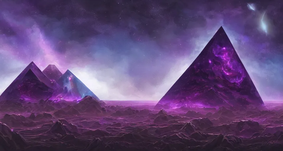 Image similar to black lovecraftian eldritch!! obsidian pyramid!! surrounded by black desert, cosmic purple space!, bright stars, nebula, sky background by eugene von guerard, ivan shishkin, night, cosmic brightly purple space stars, concept art, trending on artstation, 8 k