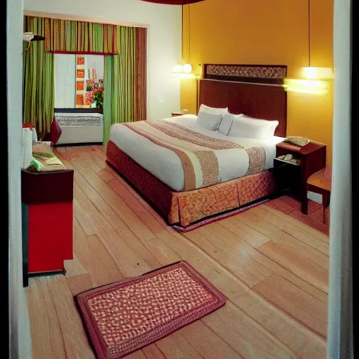 Prompt: hotel room in the style of richard scarry